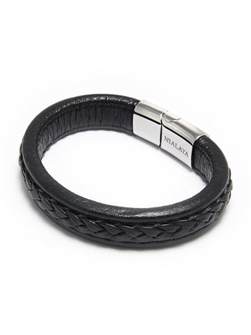 Nialaya Men's Bracelet Men's Black Braided Leather with Silver Lock L (18cm / 7.1β) MLTHCO_321